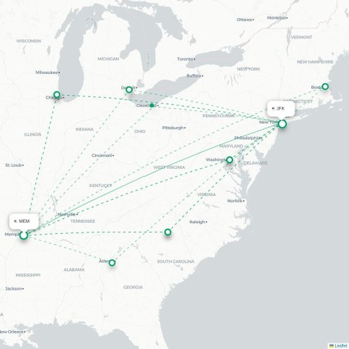 Mapa de vuelo directo Memphis - Nueva York