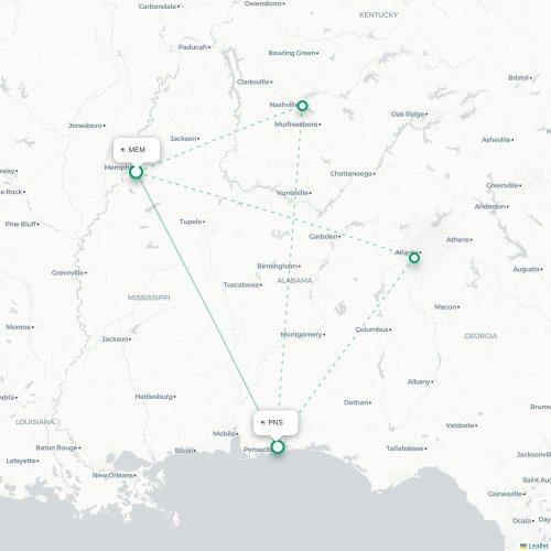 Mapa lotu bezpośredniego Memphis – Pensacola