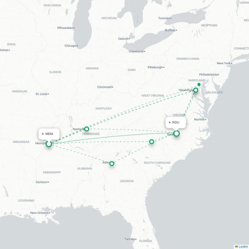 Mapa de vuelo directo Memphis - Raleigh
