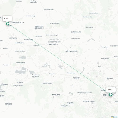 Mapa lotu bezpośredniego Meksyk – León