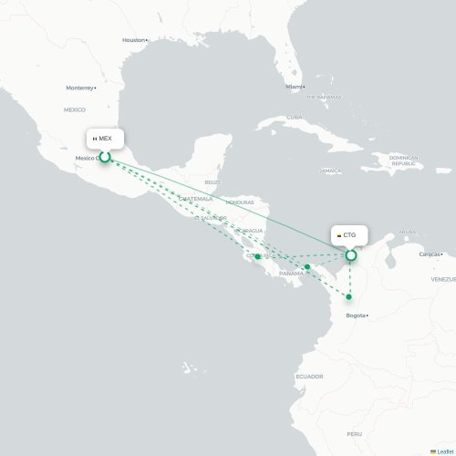 Mapa de vuelo directo Ciudad de México, D.F. - Cartagena de Indias