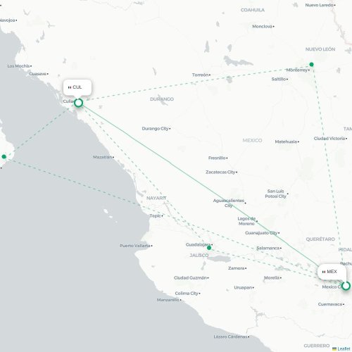 Mapa lotu bezpośredniego Meksyk – Culiacán