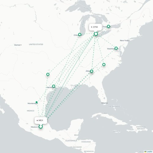 Mapa de vuelo directo Ciudad de México, D.F. - Detroit