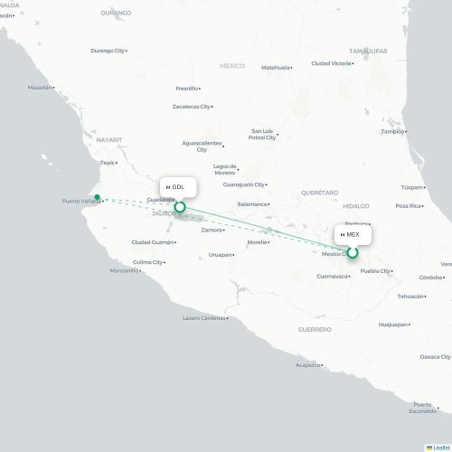 Mapa de vuelo directo Ciudad de México, D.F. - Guadalajara