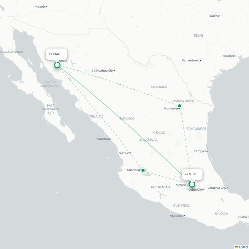 Mapa de vuelo directo Ciudad de México, D.F. - Hermosillo