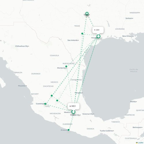 Mapa lotu bezpośredniego Meksyk – Houston