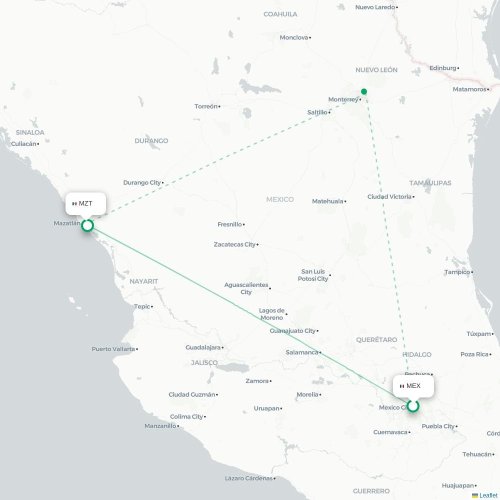 Mapa lotu bezpośredniego Meksyk – Mazatlán