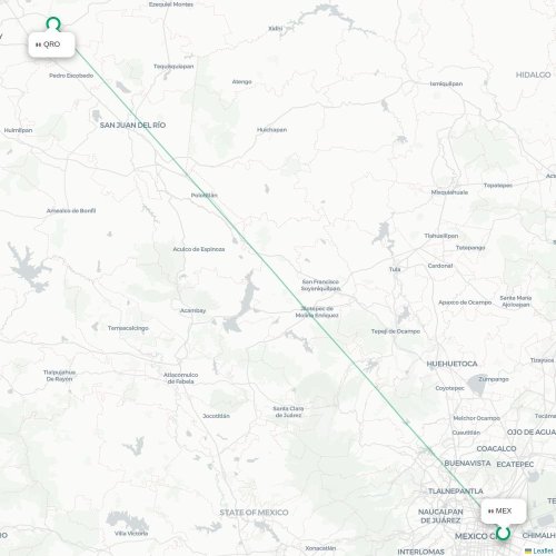 Mapa de vuelo directo Ciudad de México, D.F. - Santiago de Querétaro