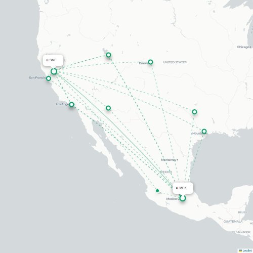 Mexico City - Sacramento karta över direktflyg