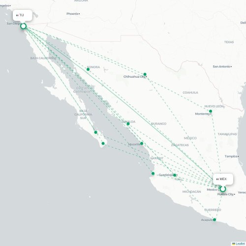 Mapa de vuelo directo Ciudad de México, D.F. - Tijuana
