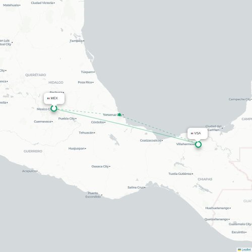 Mexico City - Villahermosa karta över direktflyg