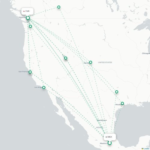 Mapa de vuelo directo Ciudad de México, D.F. - Vancouver