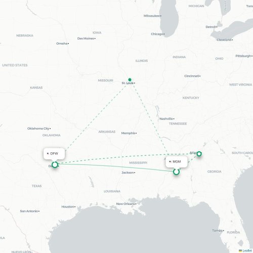 Mapa lotu bezpośredniego Montgomery – Dallas