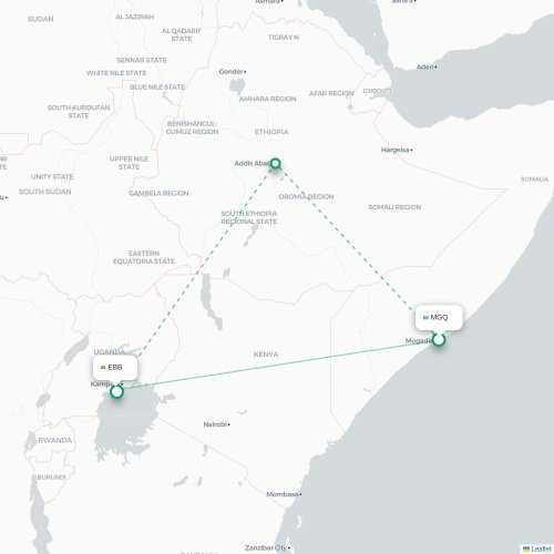Mogadishu - Entebbe karta över direktflyg