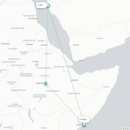 Mapa de vuelo directo Mogadiscio - Jedda