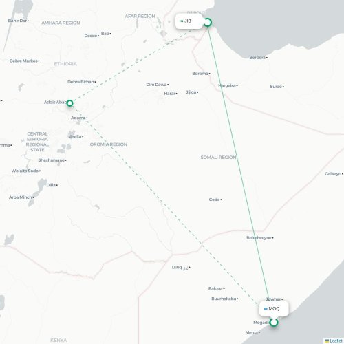 Mapa lotu bezpośredniego Mogadiszu – Dżibuti