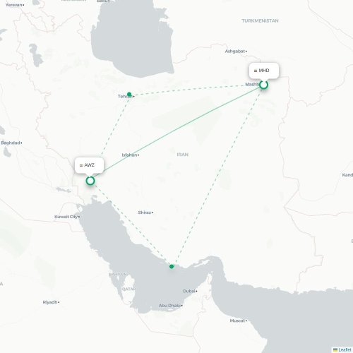 Mapa lotu bezpośredniego Meszhed – Ahwaz