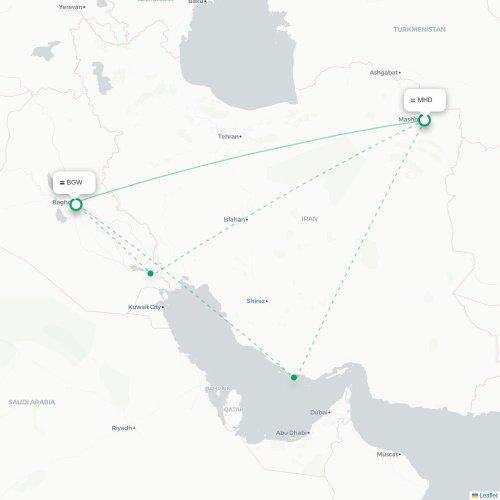 Mapa de vuelo directo Mashhad - Bagdad