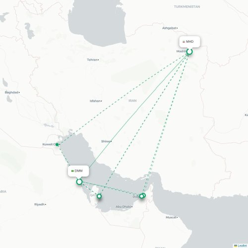 Mapa de vuelo directo Mashhad - Dammam