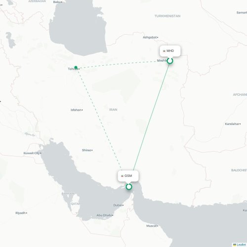 Mapa lotu bezpośredniego Meszhed – Qeshm