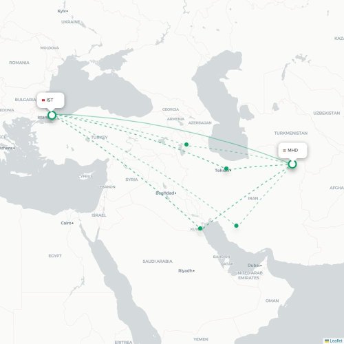 Mapa lotu bezpośredniego Meszhed – Stambuł
