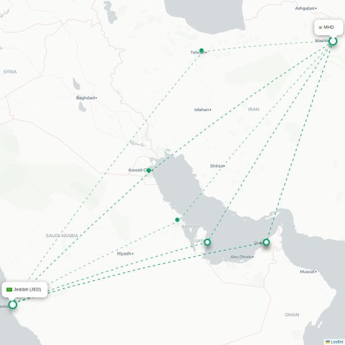 Mapa de vuelo directo Mashhad - Jedda