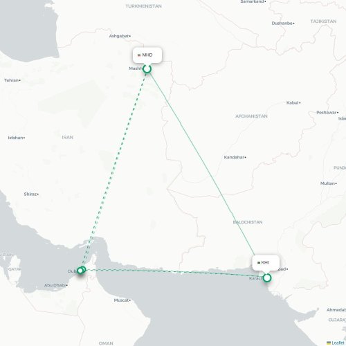 Mapa lotu bezpośredniego Meszhed – Karaczi