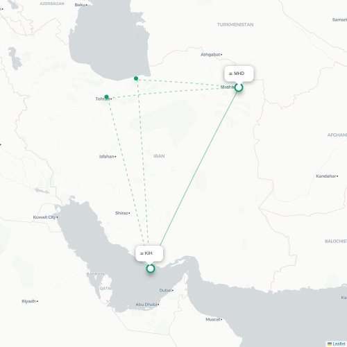 Mapa lotu bezpośredniego Meszhed – Kīsh