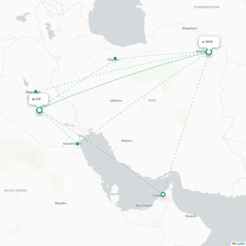 Mapa de vuelo directo Mashhad - Nayaf