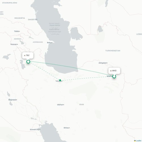 Mapa lotu bezpośredniego Meszhed – Tabriz