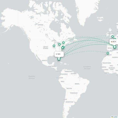 Mapa de vuelo directo Miami - Barcelona
