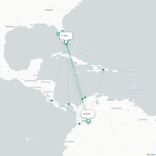 Miami – Bogotá suoran lennon kartta