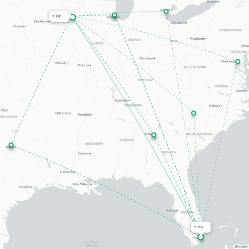 Mapa de vuelo directo Miami - Cedar Rapids