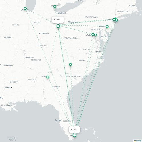Mapa lotu bezpośredniego Miami – Columbus