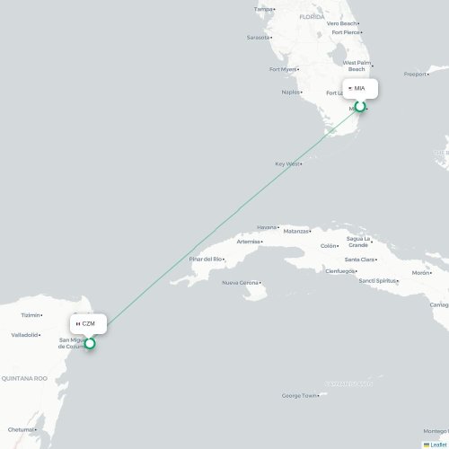 Miami - Cozumel kaart van rechtstreekse vlucht