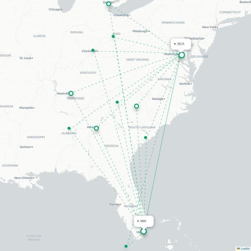 Mapa lotu bezpośredniego Miami – Waszyngton