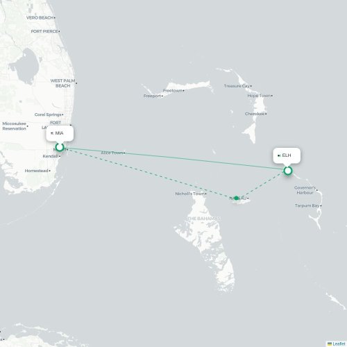 Miami - Gregory Town kaart van rechtstreekse vlucht
