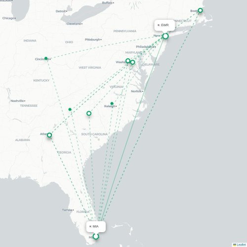 Mapa lotu bezpośredniego Miami – Newark