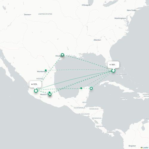 Miami - Guadalajara kaart van rechtstreekse vlucht