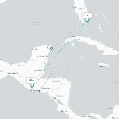 Mapa de vuelo directo Miami - Ciudad de Guatemala