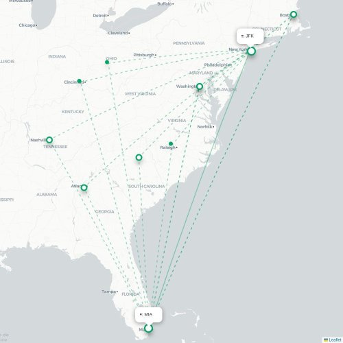 Mapa lotu bezpośredniego Miami – Nowy Jork
