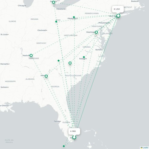 Mapa lotu bezpośredniego Miami – Nowy Jork