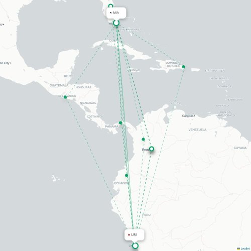 Miami - Lima kaart van rechtstreekse vlucht