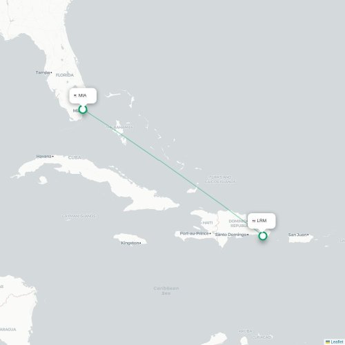 Mapa lotu bezpośredniego Miami – La Romana