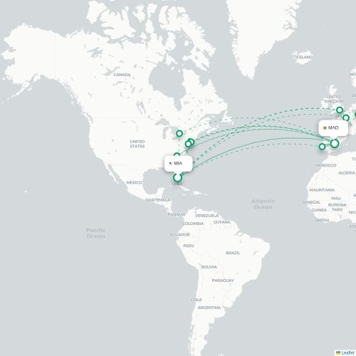 Mapa de vuelo directo Miami - Madrid
