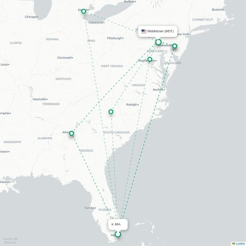 Mapa lotu bezpośredniego Miami – Harrisburg