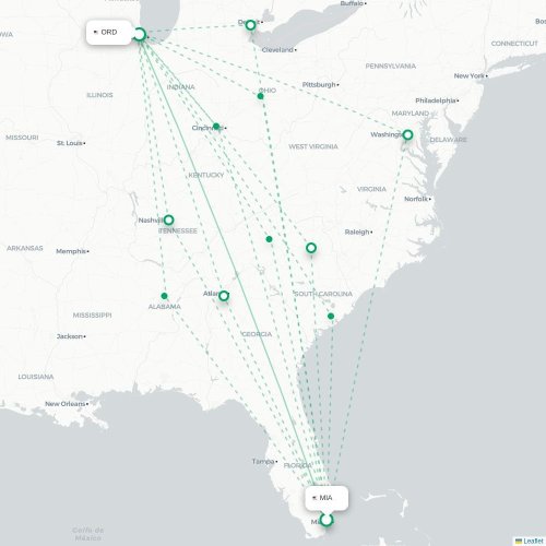 Mapa lotu bezpośredniego Miami – Chicago