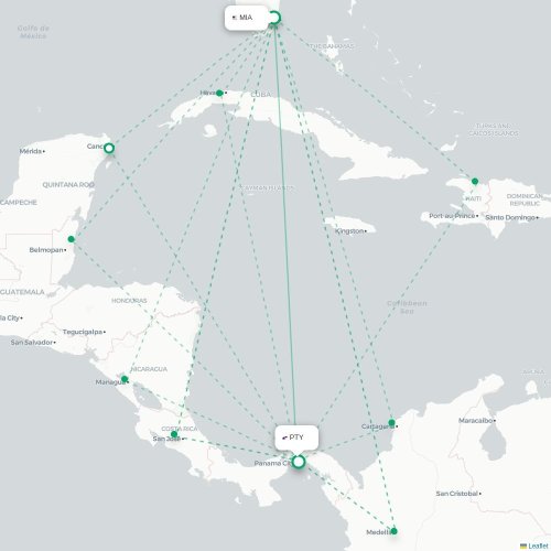 Mapa de vuelo directo Miami - Ciudad de Panamá