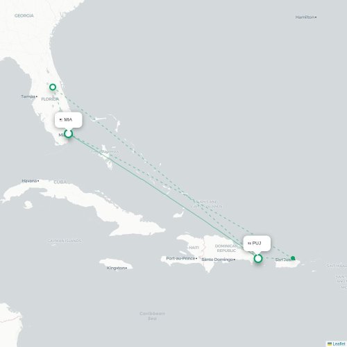 Mapa lotu bezpośredniego Miami – Punta Cana
