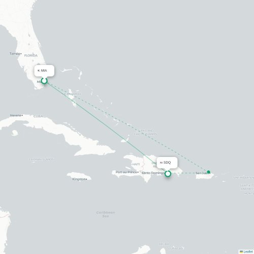 Mapa lotu bezpośredniego Miami – Santo Domingo